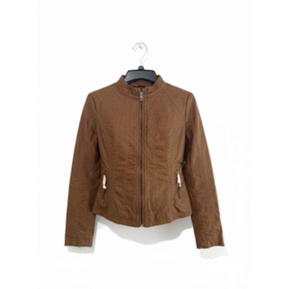 Made by Johnny Women Tan Faux Leather Moto Jacket XS Brown WJC877 Mock Neck Zip